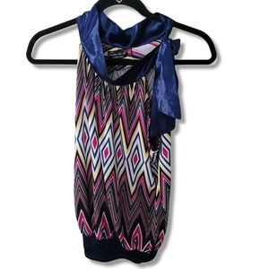 Vintage 90s Y2k Halter Top Tie Neck Chevron Color… - image 1